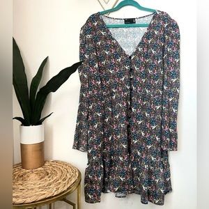 ASOS dress DESIGN button through long sleeve with frill hem blue pink floral #38